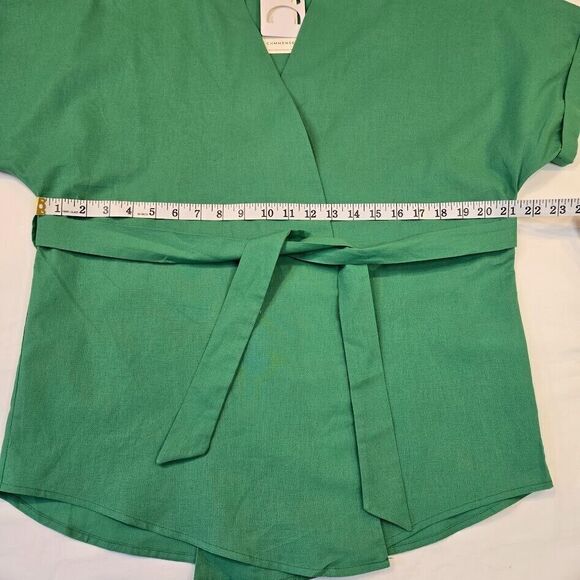 Commense Short Sleeve Linen Blend Tie-Waist Wrap Top Size Small Kelly Green NWT - Picture 4 of 7